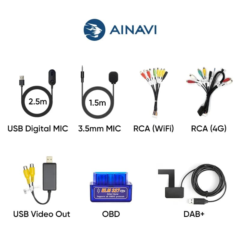 Ainavi Accessorio per autoradio Multimedia USB MIC digitale Microfono esterno da 3,5 mm Wifi 4G RCA OBD DAB+
