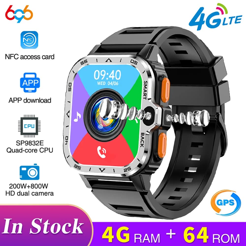 Nuovo Smartwatch 4G con Chiamate, RAM 4GB ROM 64GB, Fotocamera HD, Bluetooth, Wi-Fi, GPS, Cardiofrequenzimetro, NFC, per Uomo e Donna, con Slot SIM