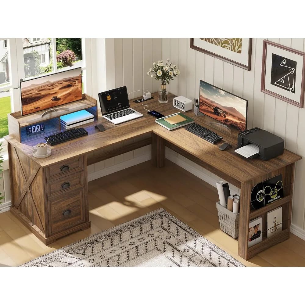 59" Farmhouse Executive L Shaped Desk with Monitor Stand, LED Lights | Corner Computer Desk with Power Outlets,, Customized