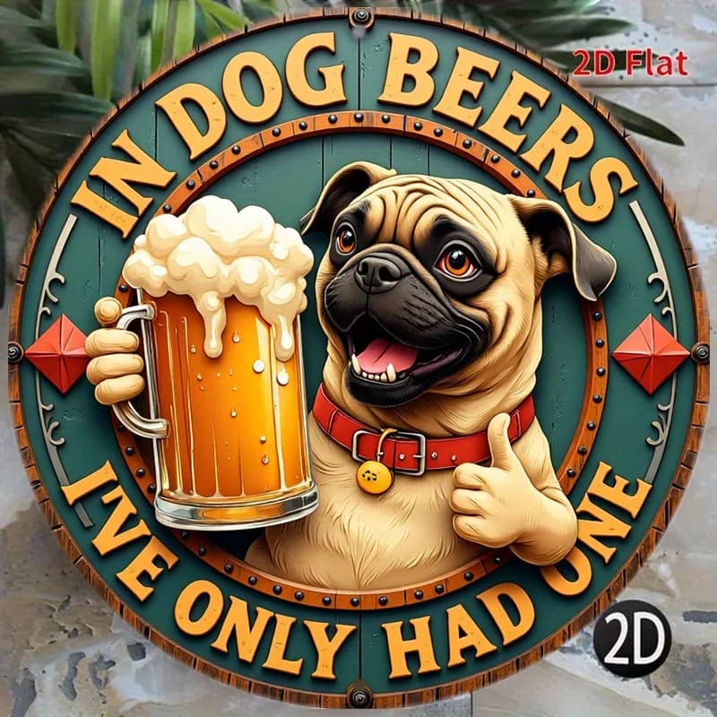 [2D Flat] Cane Pug da 8 pollici con birra in boccale, con un dettaglio divertente e un design vivace - Targa rotonda in alluminio da parete | 1 pezzo, Perfetto