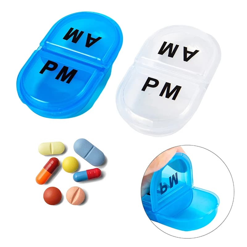Organizzatore di pillole impermeabile a 2 griglie Contenitore per pillole ovale portatile Contenitore per pillole Contenitori giornalieri AM e PM