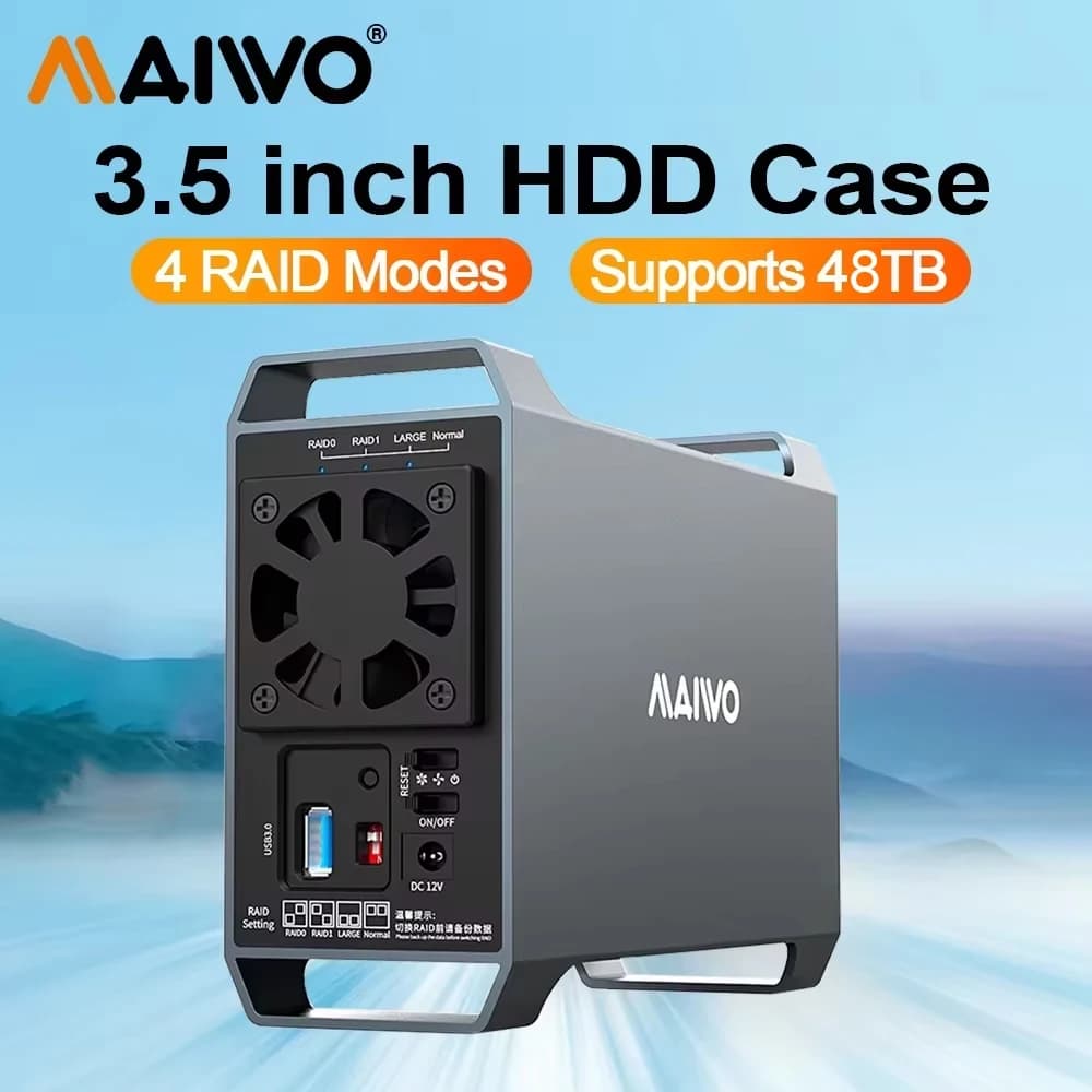 MAIWO Dual Bay Scatola per dischi HDD da 3,5 pollici Scatola per dischi rigidi RAID Array Box SATA a USB 3.0 Scatola esterna per dischi Quattro modalità RAID con ventola