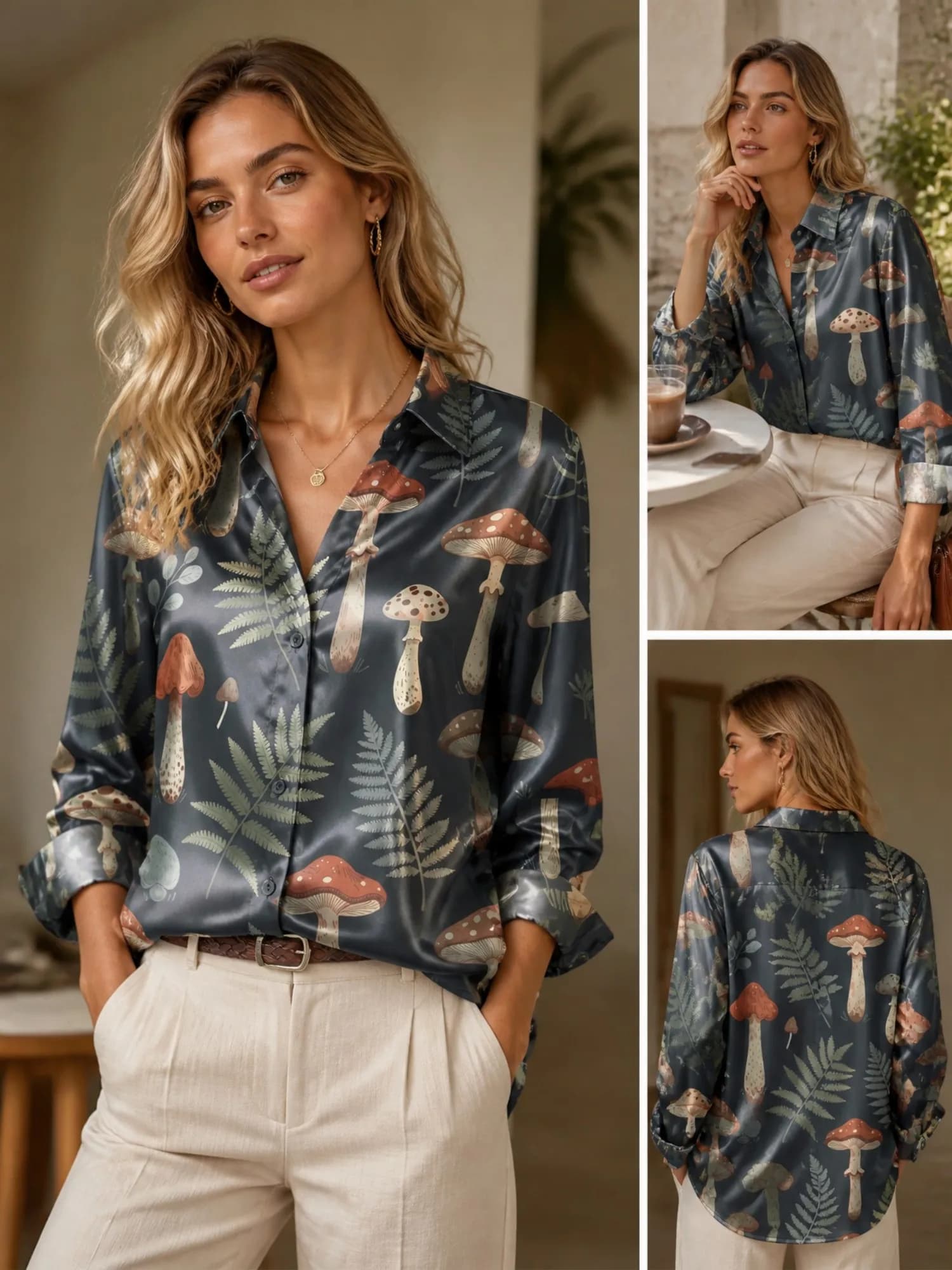 Dark Forest Mushroom Fern Satin Blouse for Women Long Sleeve Button Down Shirt Nature Botanical Casual Silky Top