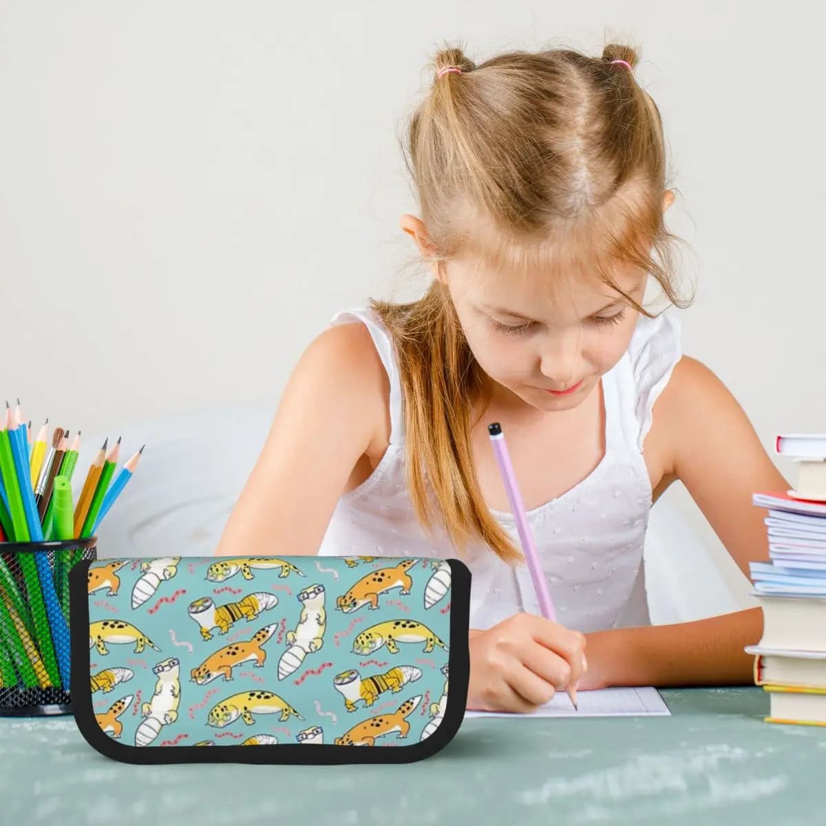 Yellow Leopard Gecko - Cute Yellow And Green Cartoon Animal Pattern Pencil Case Pen Holder Big Capacity Pen Box Pencil Bag
