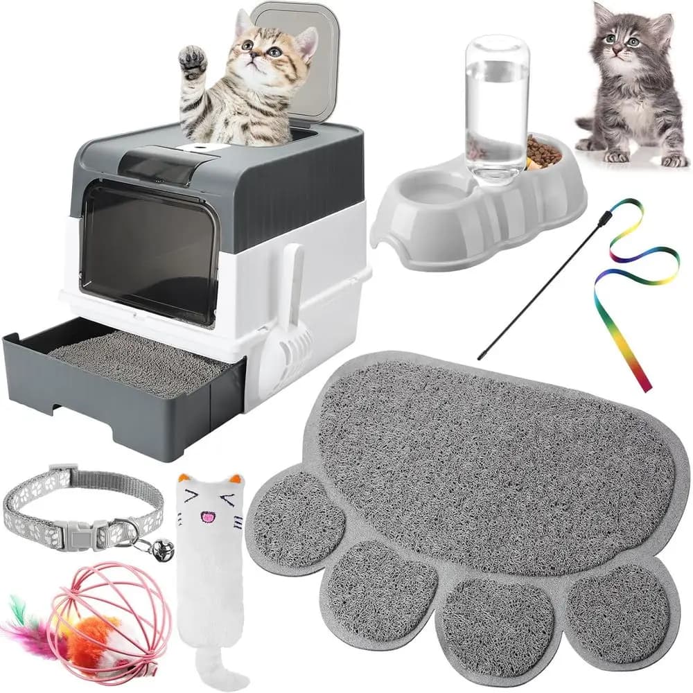Kit Essenziale per Gattini - 7 Pezzi: Lettiera, Paletta, Tappetino per Zampe, Doppia Ciotola, Giocattolo, Bastoncino Teaser, Collare per Gattini da 1-3 Libbre