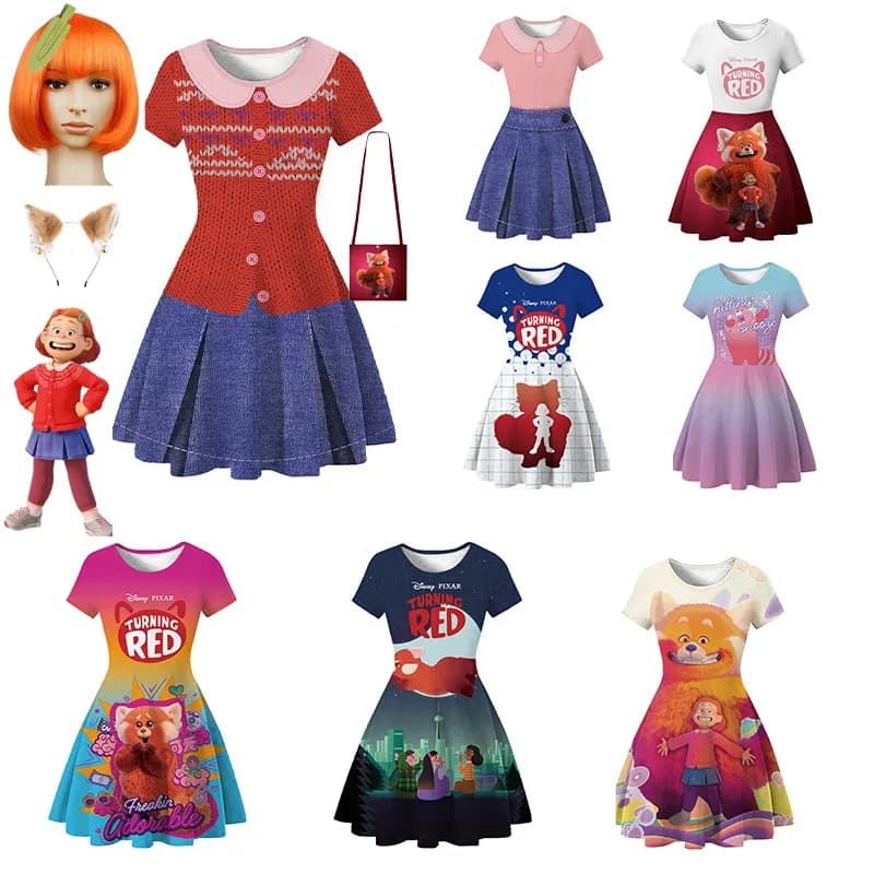 Meilin Lee Turning Red Princess Cosplay Carnival Birthday party Dress with wig for girls costumes; 2'd,5.h;