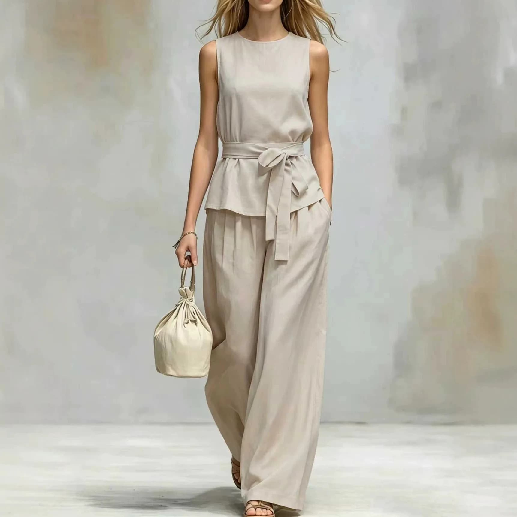 Completo Estivo 2026 Europeo e Americano: Nuovo Set Due Pezzi da Donna con Top Senza Maniche e Pantaloni Casual con Cintura