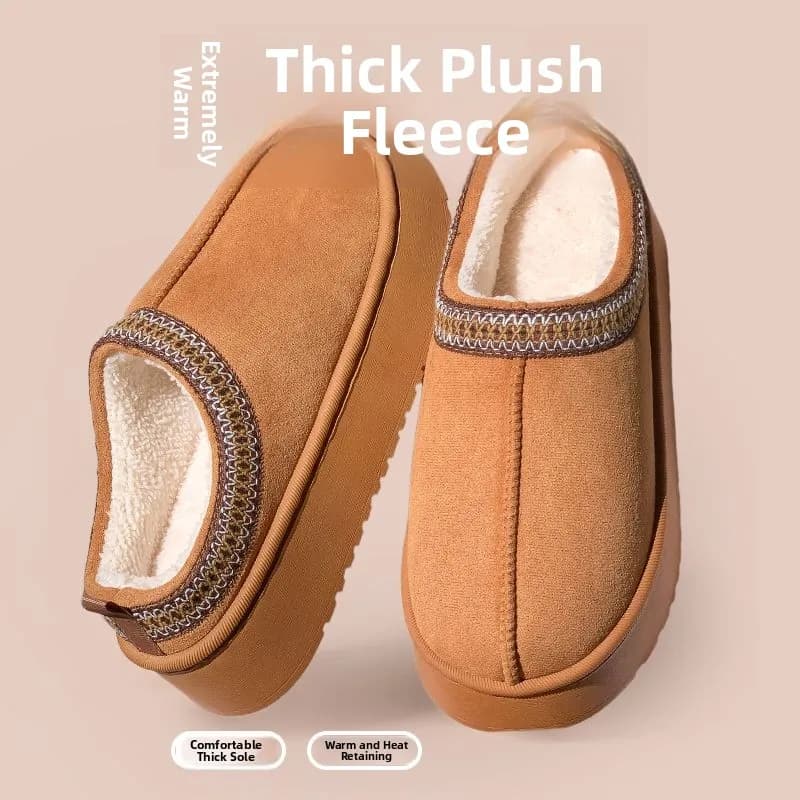 Pantofole da donna in camoscio antiscivolo per interni ed esterni, con pelliccia, per la stagione invernale, stile etnico, con fascia a T