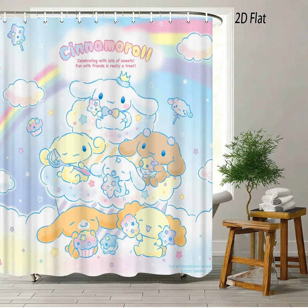 Simpatica tenda da doccia con stampa Rainbow Cinnamoroll Friends, tenda da bagno in tessuto poliestere impermeabile con 12 ganci, facile da installare