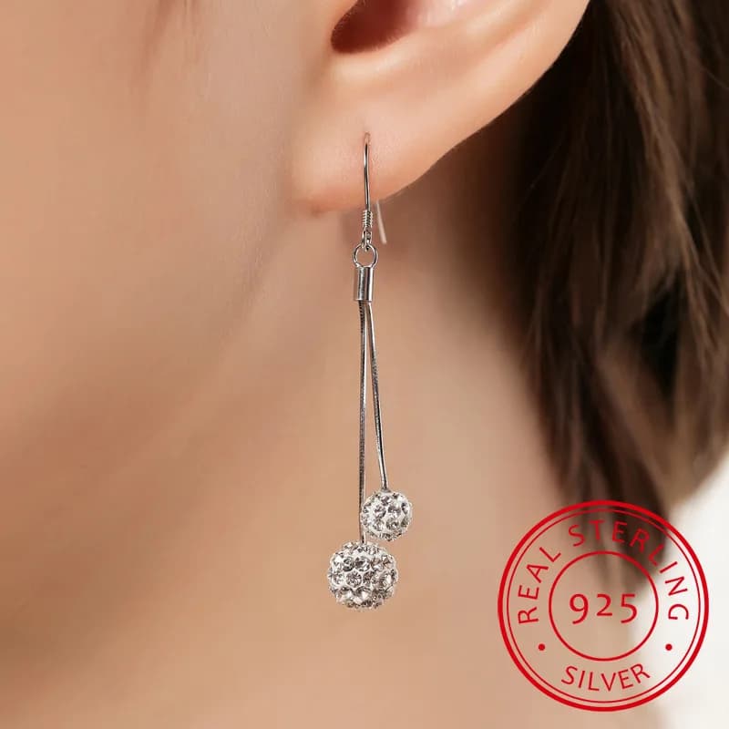 925 Sterling Silver Bridal Jewelry Rhinestone Crystal Double Balls Long Tassel Drop Earring For Women Boucle D'oreille Oorbellen