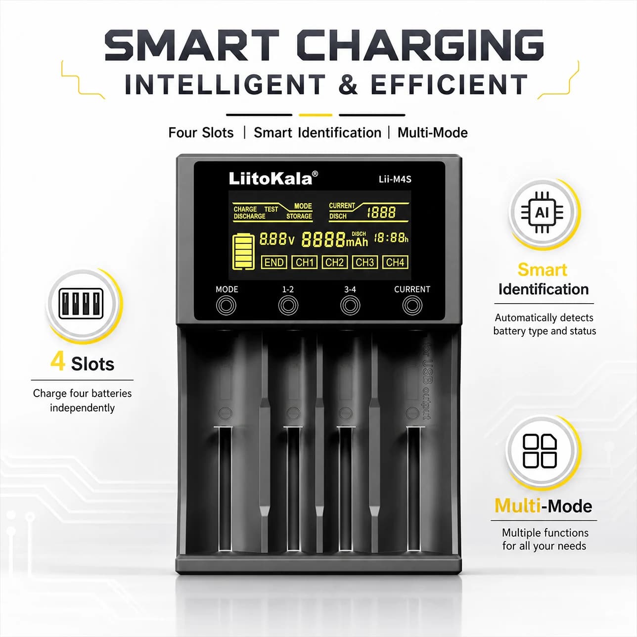 Liitokala Lii-M4S Smart Charger LCD 4 Slot Touch Type-C 18650 21700 26650 AA AAA Ni-MH Li-Ion Test Discharge Storage Power Bank