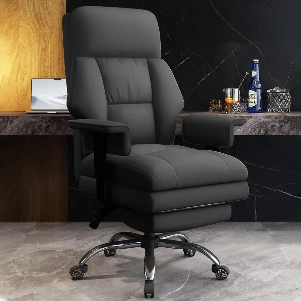 Sedia da Ufficio Ergonomica in Pelle Nera con Schienale Alto, Poggiapiedi e Supporto Lombare, con Ruote per Casa o Ufficio