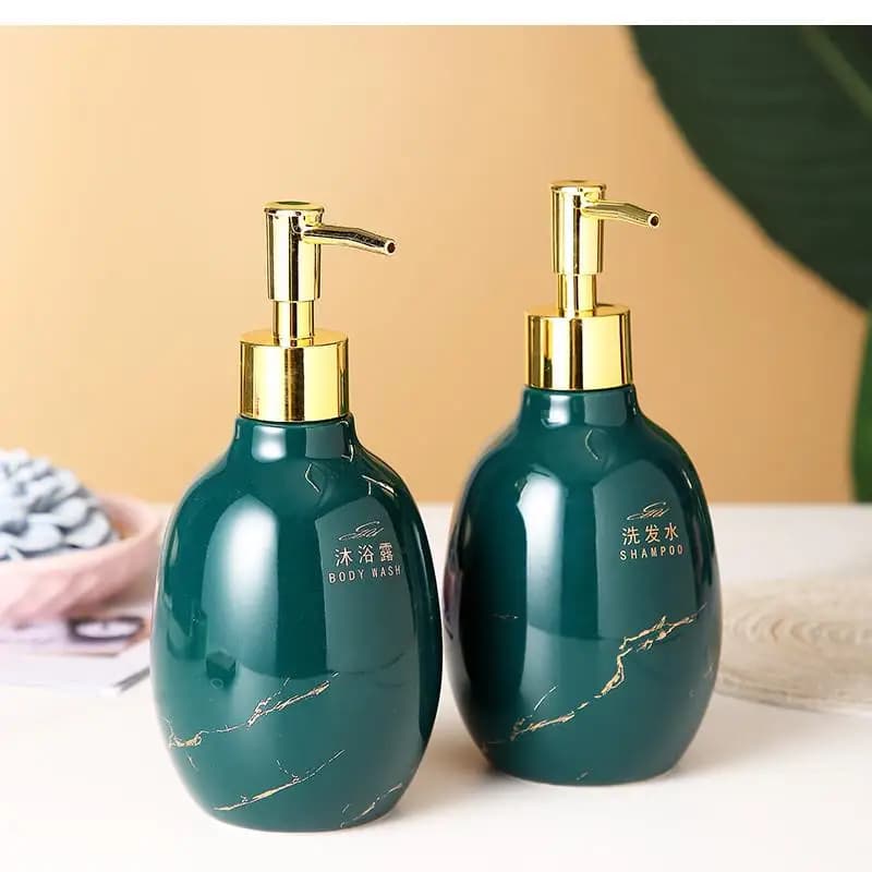 Dispenser di sapone in ceramica verde, forniture per il bagno, bottiglia vuota per gel da bagno per shampoo, ugello ABS per lozione portatile