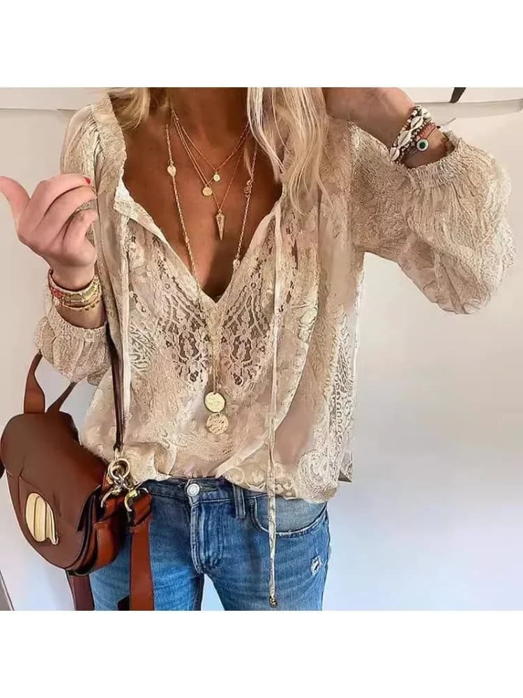 Fashionable Women's Shirts, Boho Style with Lace Drilled, V Neck Background, Stylish and Casual Pullover Shirt, Women's Top for Spring Summer