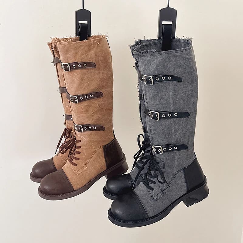 Retro Knight Boots Women's Splicing 2026 New Belt Buckle Style High Heels