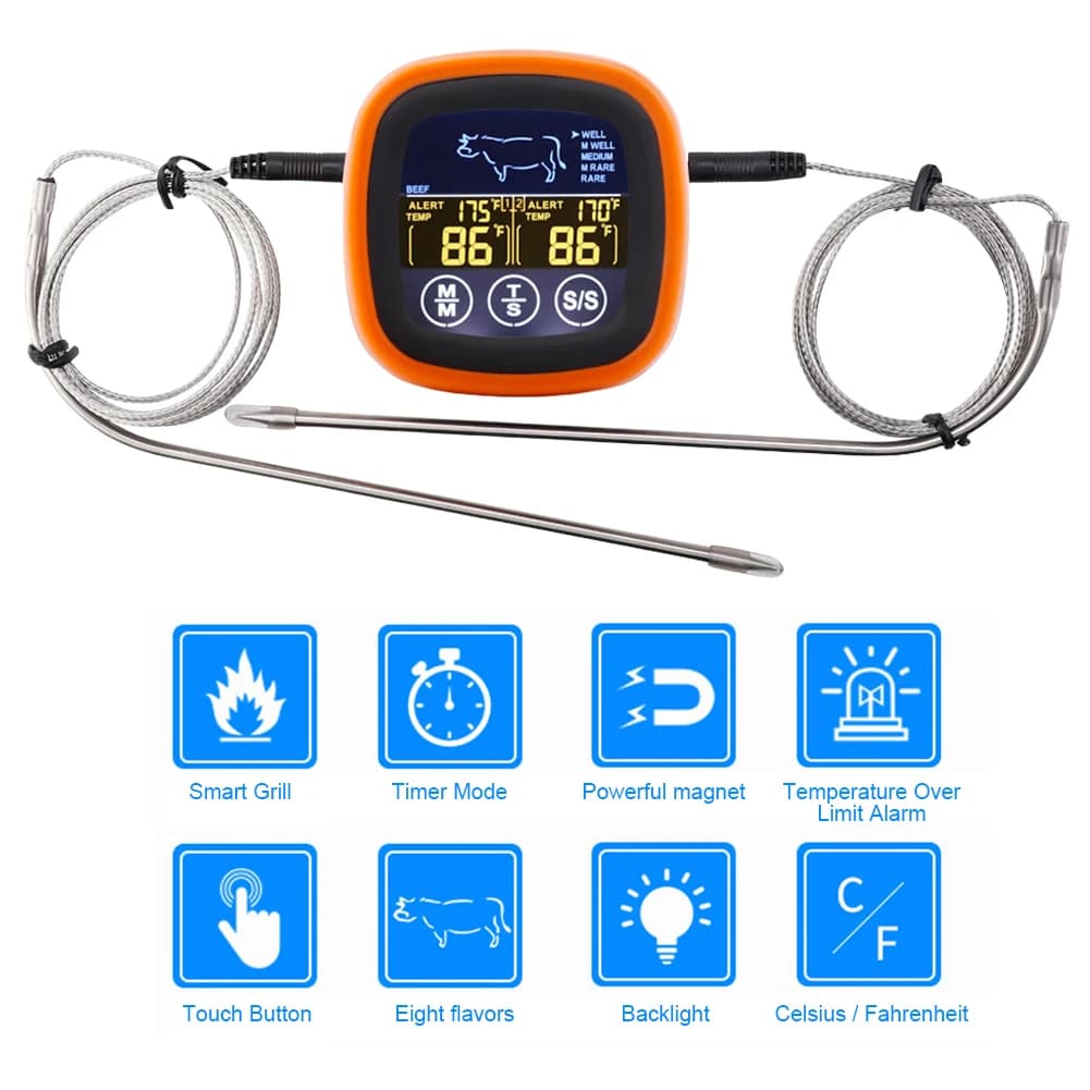 Digital thermometer for food with 2 heat-resistant waterproof probes Alarm Touch Meat temperature meter for cooking Grill BBQ