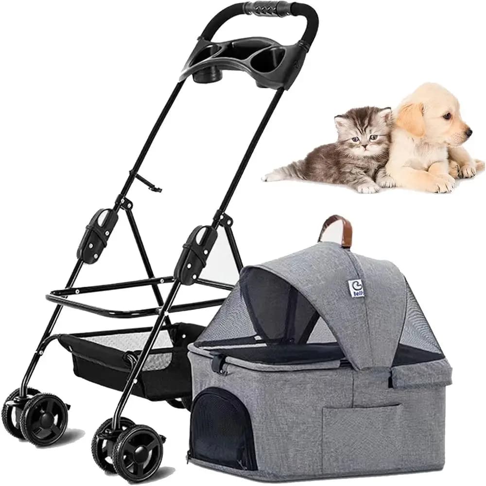 Passeggino pieghevole 3 in 1 per animali domestici con trasportino rimovibile, cestino portaoggetti e copertura antipioggia per cani e gatti