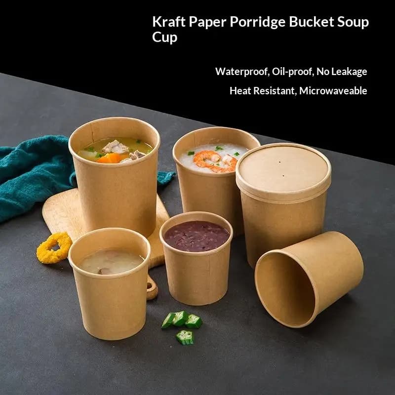 10Pcs Paper Soup Container, Disposable Kraft Paper Food Cups, Food Storage With Lids, Microwavable And Freezer Safe