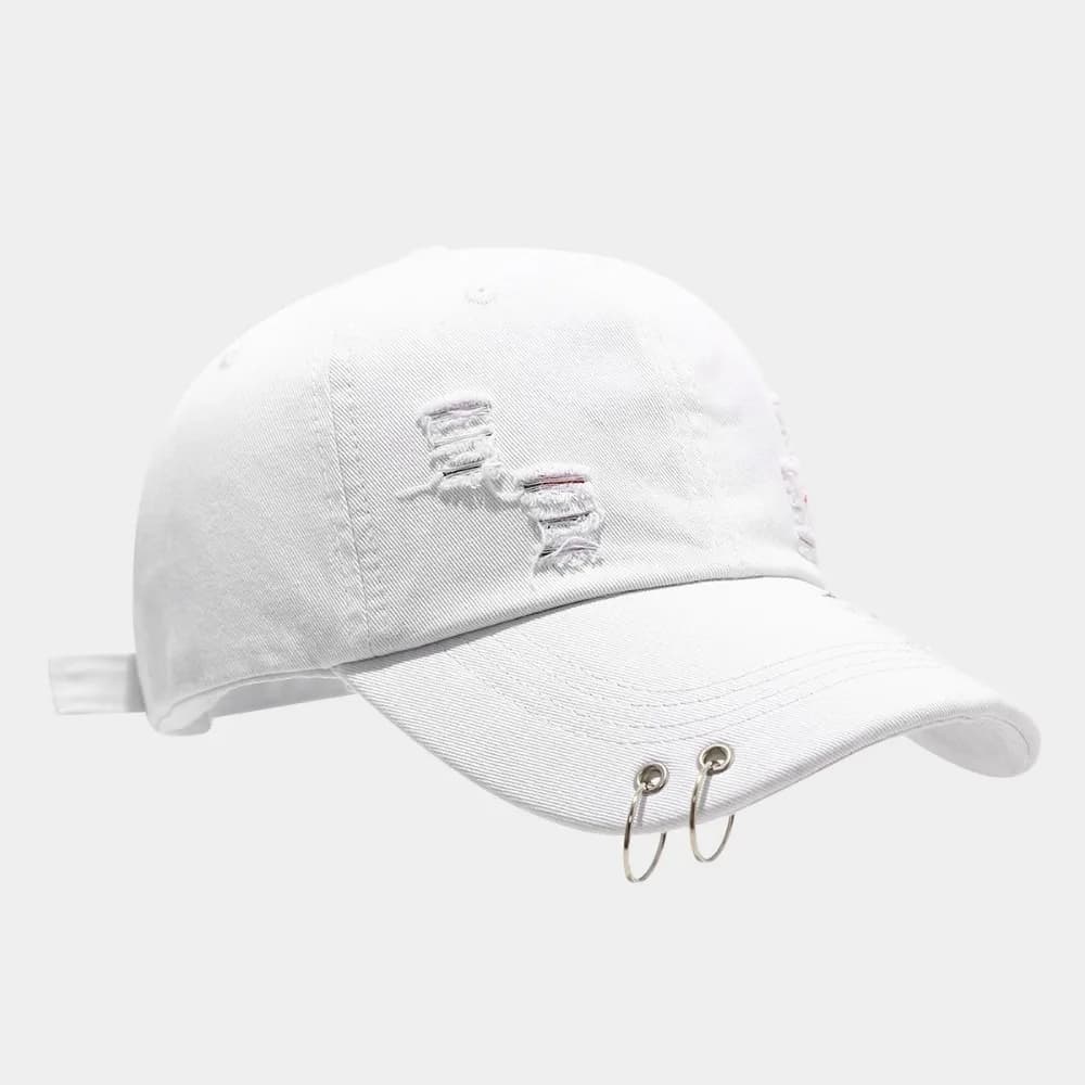 Creative Iron Ring Baseball Cap Hip Hop Distressed Design Ripped Denim Baseball Hat Fashion Solid Color Sunscreen Hat Girl