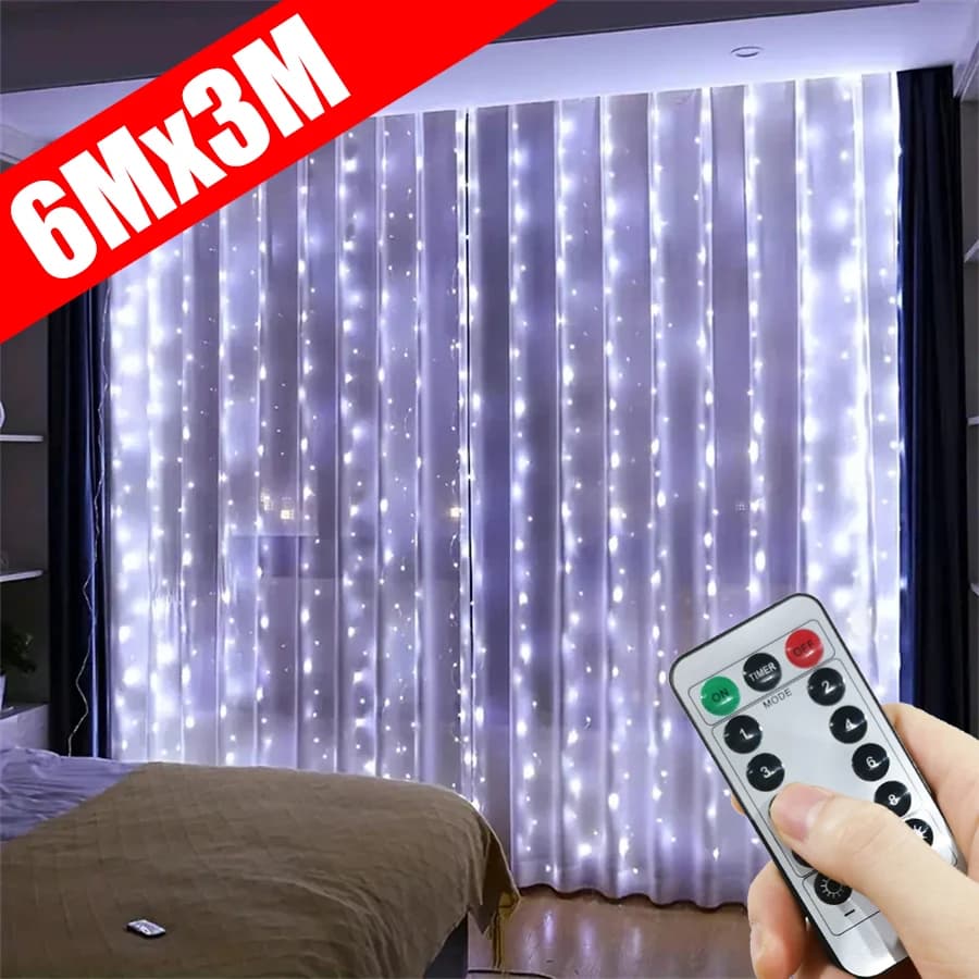 Luci a LED a tenda con 8 modalità, ghirlanda luminosa USB con telecomando, decorazione natalizia per camera da letto, casa, feste e compleanni