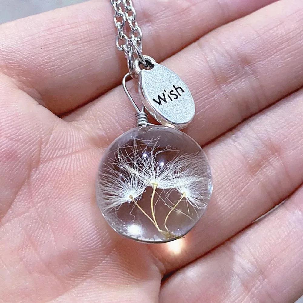 Simple Fashion Tarassaco Seed Wish Bottle Handmade with Lucky Glass Flower, Wish Card Pendant Necklace For Women's Gift