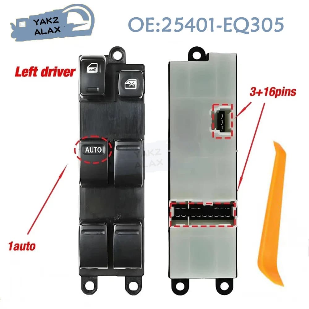 Interruttore di Controllo Finestrino Elettrico Anteriore Sinistro Lato Guida per NISSAN X-Trail T30 2002-2007, Codice 25401-EQ305