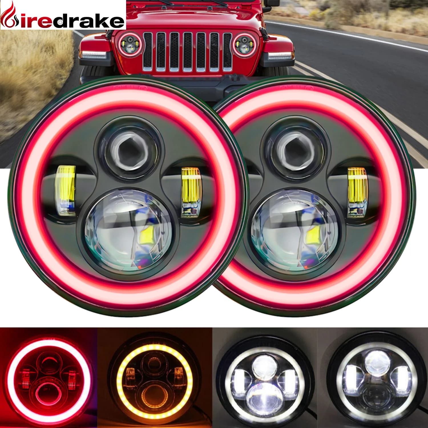 7 inch round H4 red Halo Angel Eyes lighthouse 180W 6000K Wrangler Jeep lighthouse universal 18000LM car lamp