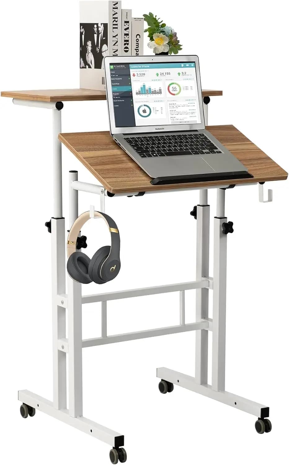 Scrivania Mobile Regolabile in Altezza con Ruote, Carrello Portatile per Laptop per Postazione di Lavoro Seduta o in Piedi, Finitura in Quercia Vintage
