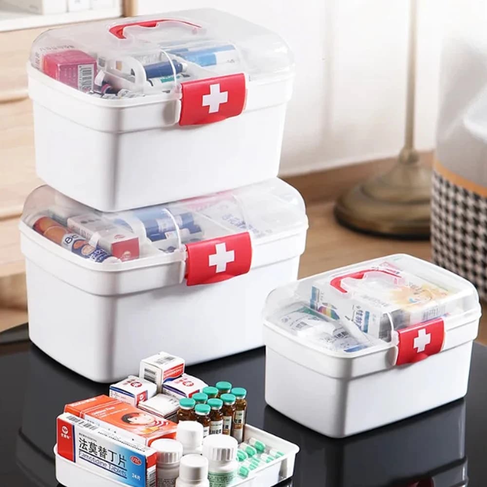 Organizzatore di medicinali a 2 livelli da 1 pezzo: armadietto dei medicinali portatile con maniglia, kit di pronto soccorso vuoto per la casa