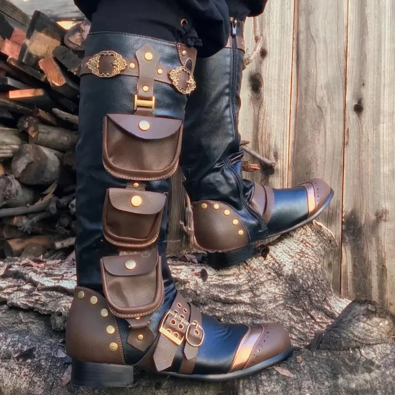 Retro Medieval Steampunk High Boots With Pockets Time Traveler Cosplay Men's Large Size Role Play Halloween Pirate shoes