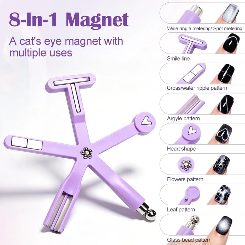 8-in-1 Multi-function Cat Eye Nail Magnet Pen, Strong Magnetic Nail Art Tool for UV Gel Polish Cat Eye Pattern Design for Salon