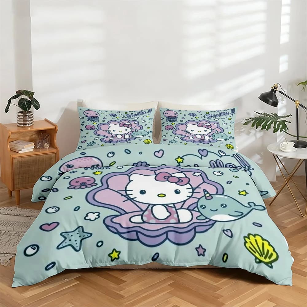 3-Piece High-Definition Digital Print Bedding Set, Hello Kitty Ocean-Themed Pattern Duvet Cover Set, Large Floral Pattern Duvet Cover Set, Includes 1 Duvet Cover + 2 Pillowcases, Suitable for Bedroom, Guest Room, Home Decoration, Polyester Fiber Duvet Cover + Pillowcase, Ultra-Soft Bedding, Thick Fabric, Suitable for All Seasons, Machine Washable