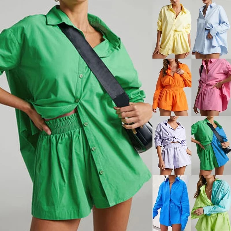 Fashionable Color Block Single Button Shirt And Elastic Shorts Two Piece Set Princess Style Cotton Geometric Pattern Women's ...