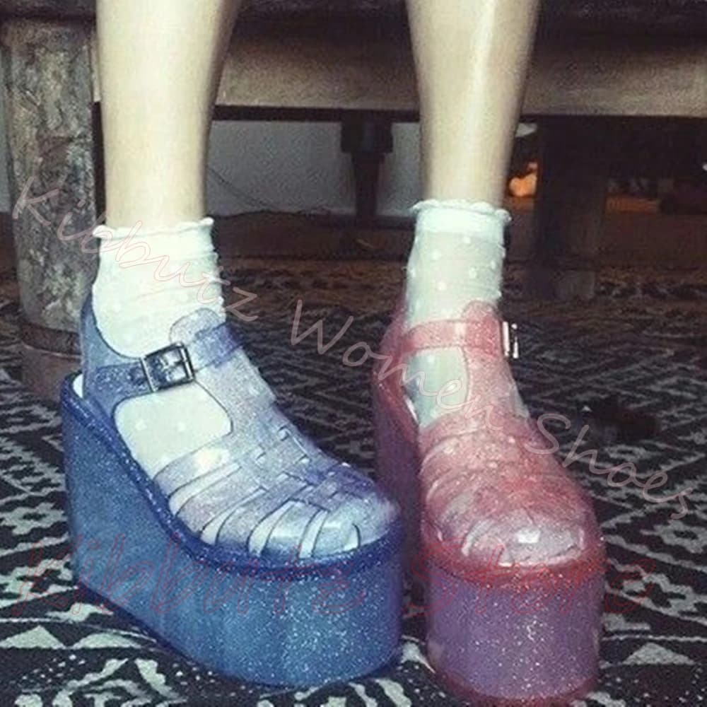 Platform Glitter Jelly Sandals Women Hollow Cage Ankle Buckle Strap Wedge Sole Transparent Beach Festival Casual Footwear Shoes