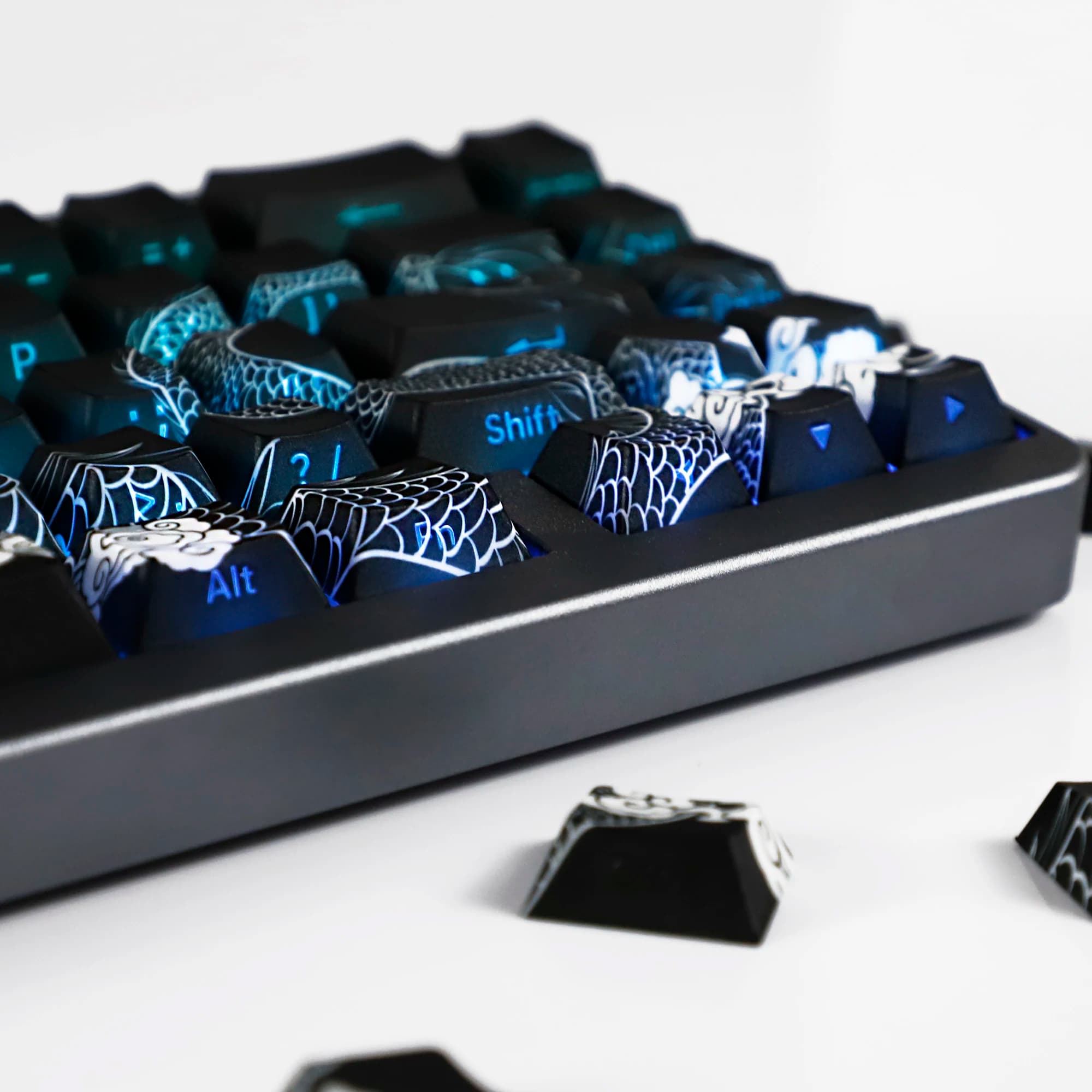 YMDK Chinese Dragon Shadow PBT Lighted Sideways Dye Sub Cherry Shine Profile through wheel trims for mechanical keyboard MX 60/61/64/68