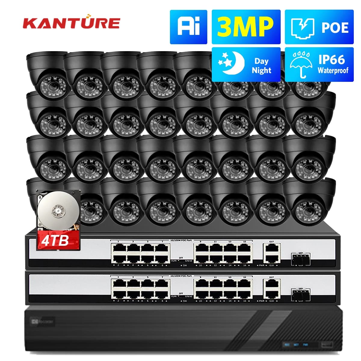 KANTURE H.265 32CH 3MP Smart AI security camera system CCTV for indoor and outdoor metal detection P2P