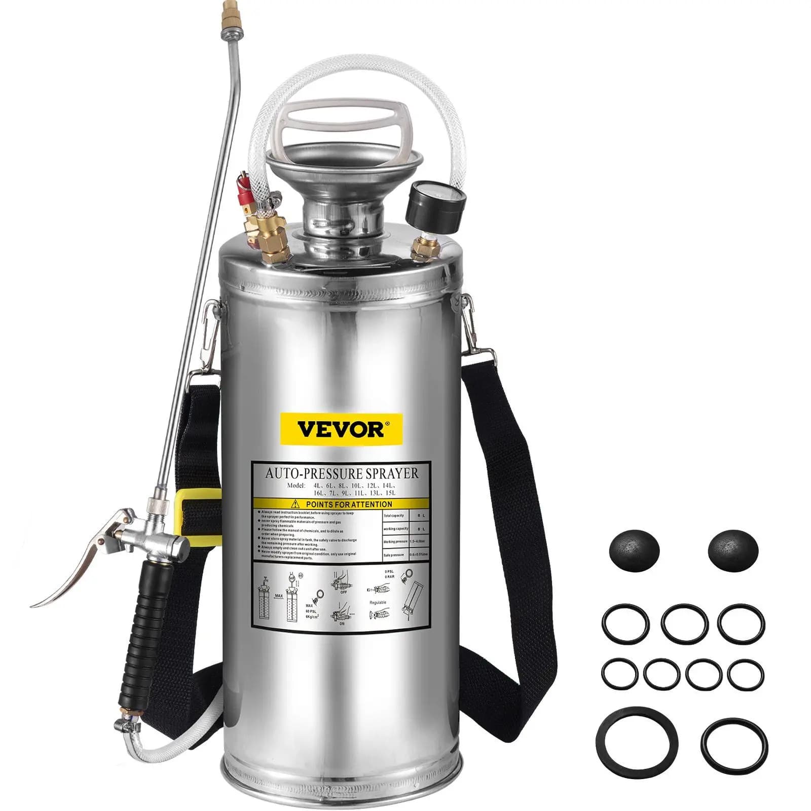 2 Gallon Stainless Steel Sprayer with 20 Inch Auction, 3 Feet Tube, Pressure Gauge and Adjustable Ugello for Gardening and Sanification127