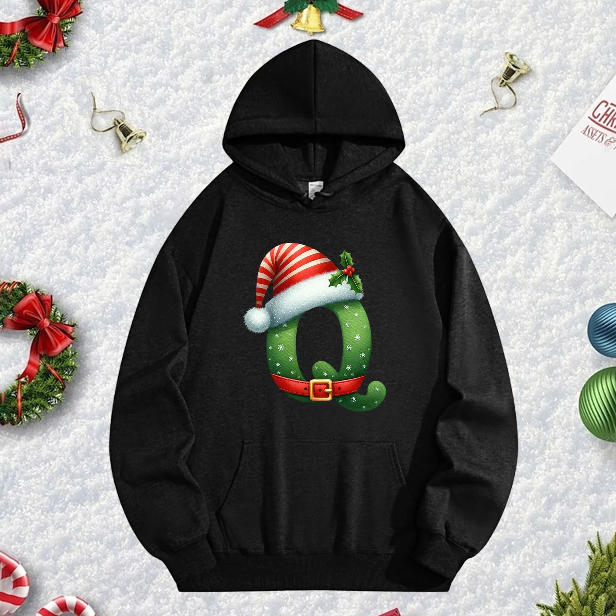 Christmas Q 270G black hoodie for men and women, comfortable oversize fleece pullover for Christmas fall/winter New Year