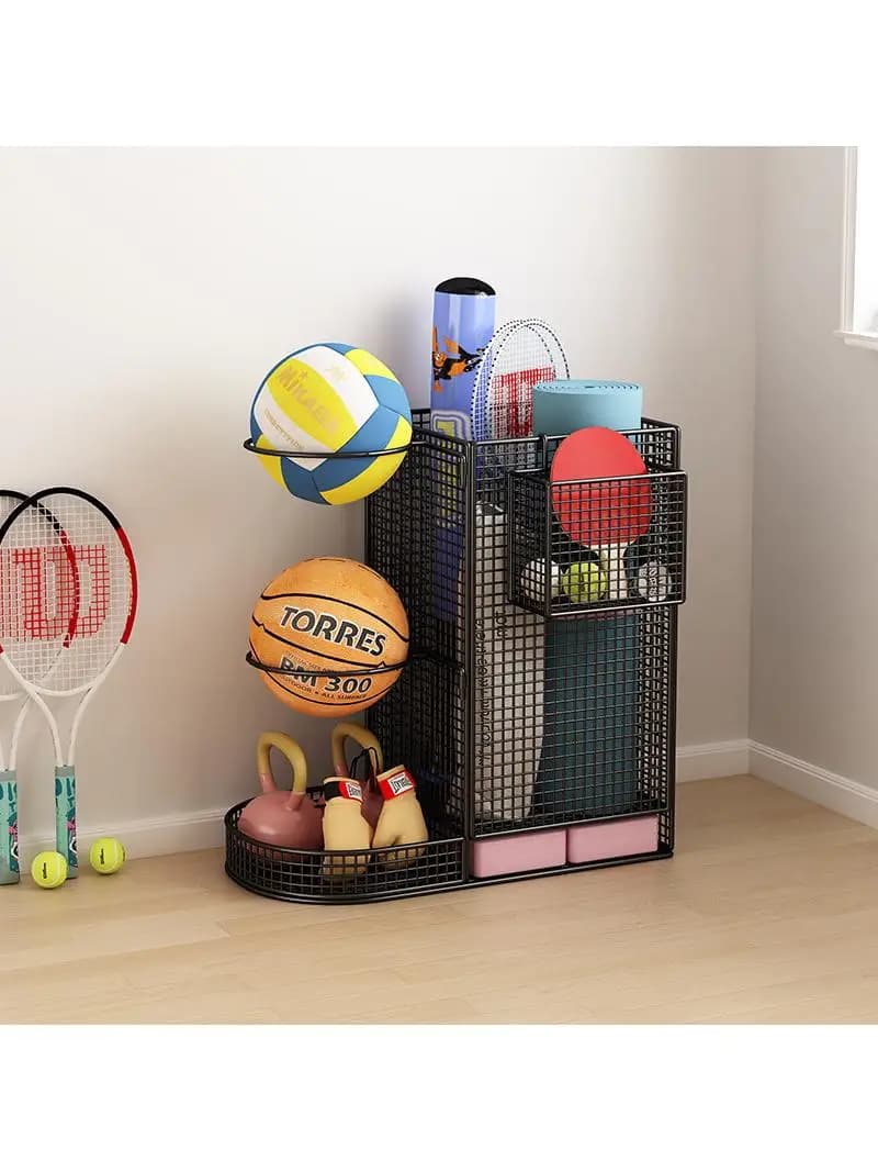 Ground rack for basketball, yoga mats and sports equipment, with swivel support for living room and household items