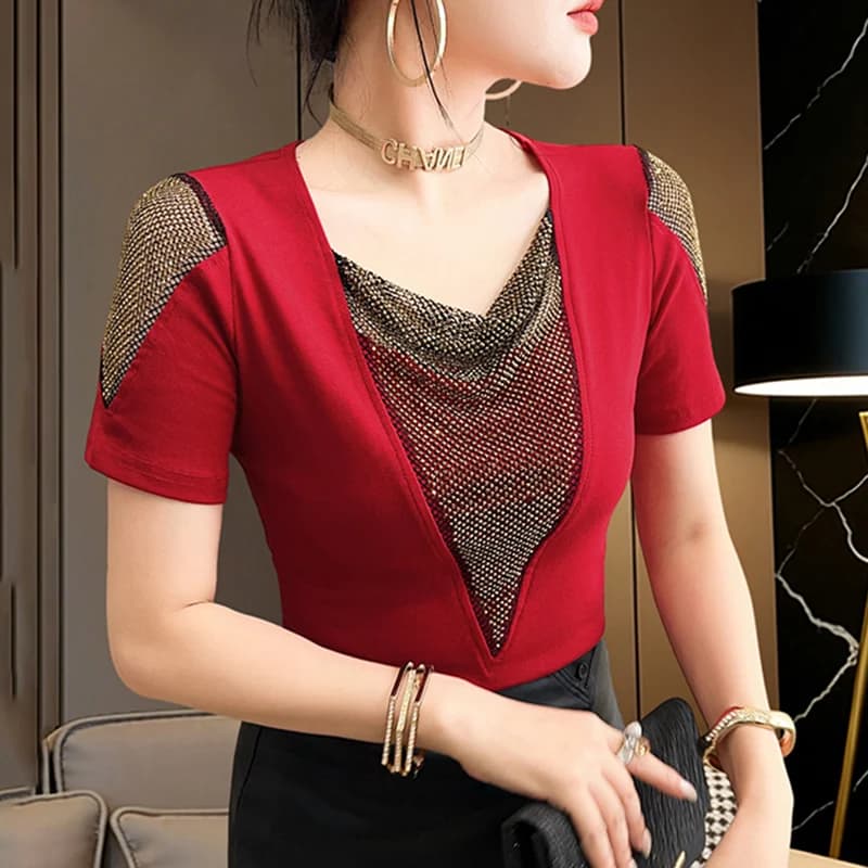 Summer New 2026 Fashion Casual Short Sleeved Women's T-Shirt Elegant Slim Hollow Out Mesh Tops Patchwork Blusas