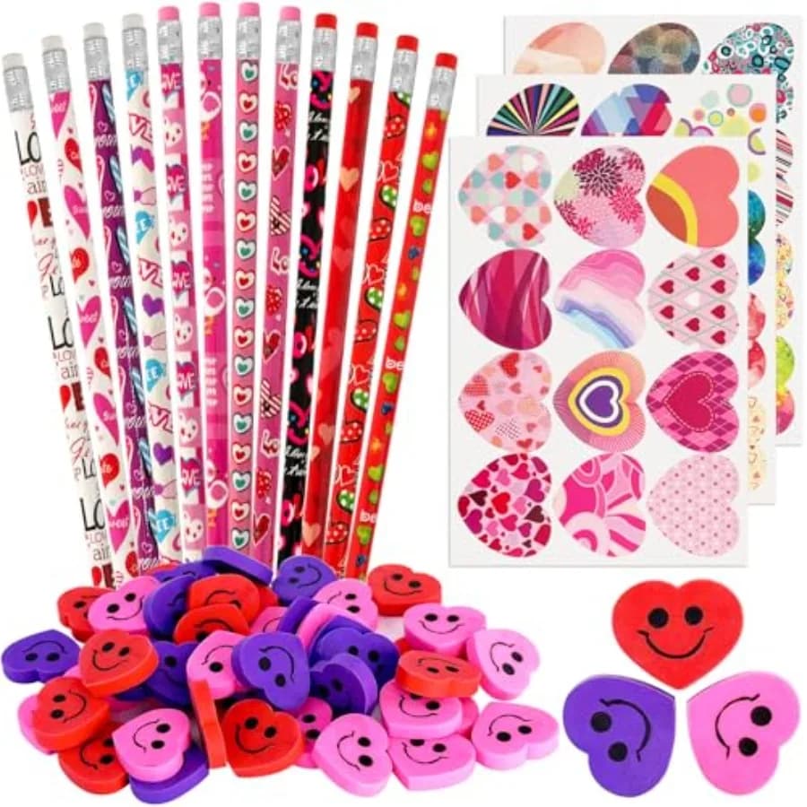 36 Set Valentine's Day Stationery Gifts for,36 Pencils 36 Heart Erasers 144 Stickers, Valentines Classroom Exchange Party Favor