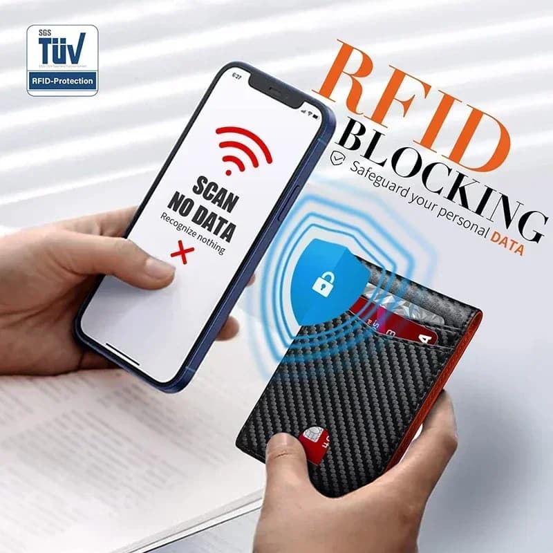 Portafoglio bifold minimalista da uomo in fibra di carbonio nera con porta carte di credito con blocco RFID e fermasoldi con tasca frontale