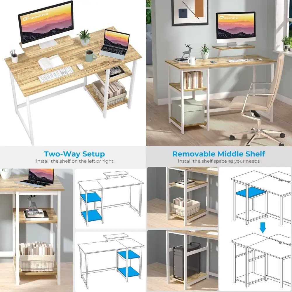 Desk with 39 inch monitor support, compact work station for home office with reversible shelf, desk for small spaces