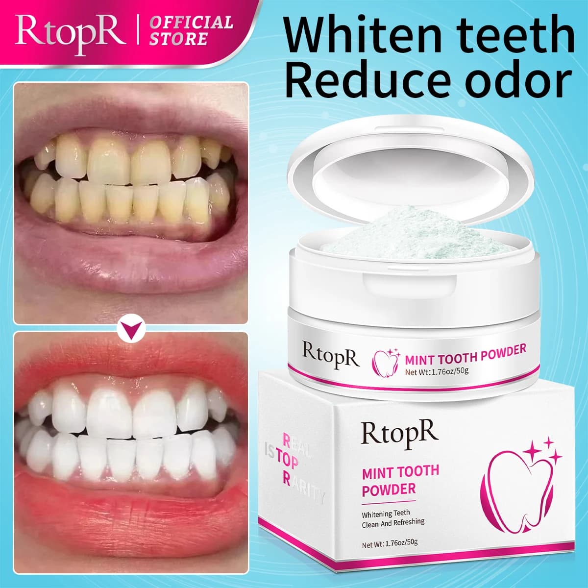 RtopR tooth whitening powder for teeth natural toothpaste pearls toothpaste kit oral hygiene toothbrush to remove stains plate 55g