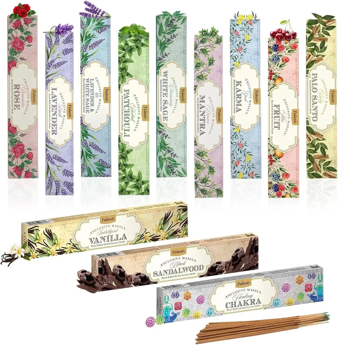 Natural Incense Sticks Assorted/Variety Pack – 180 Hand-Rolled Sticks, 12 Fragrances | Lavender, White Sage, Sandalwood, Palo Sa