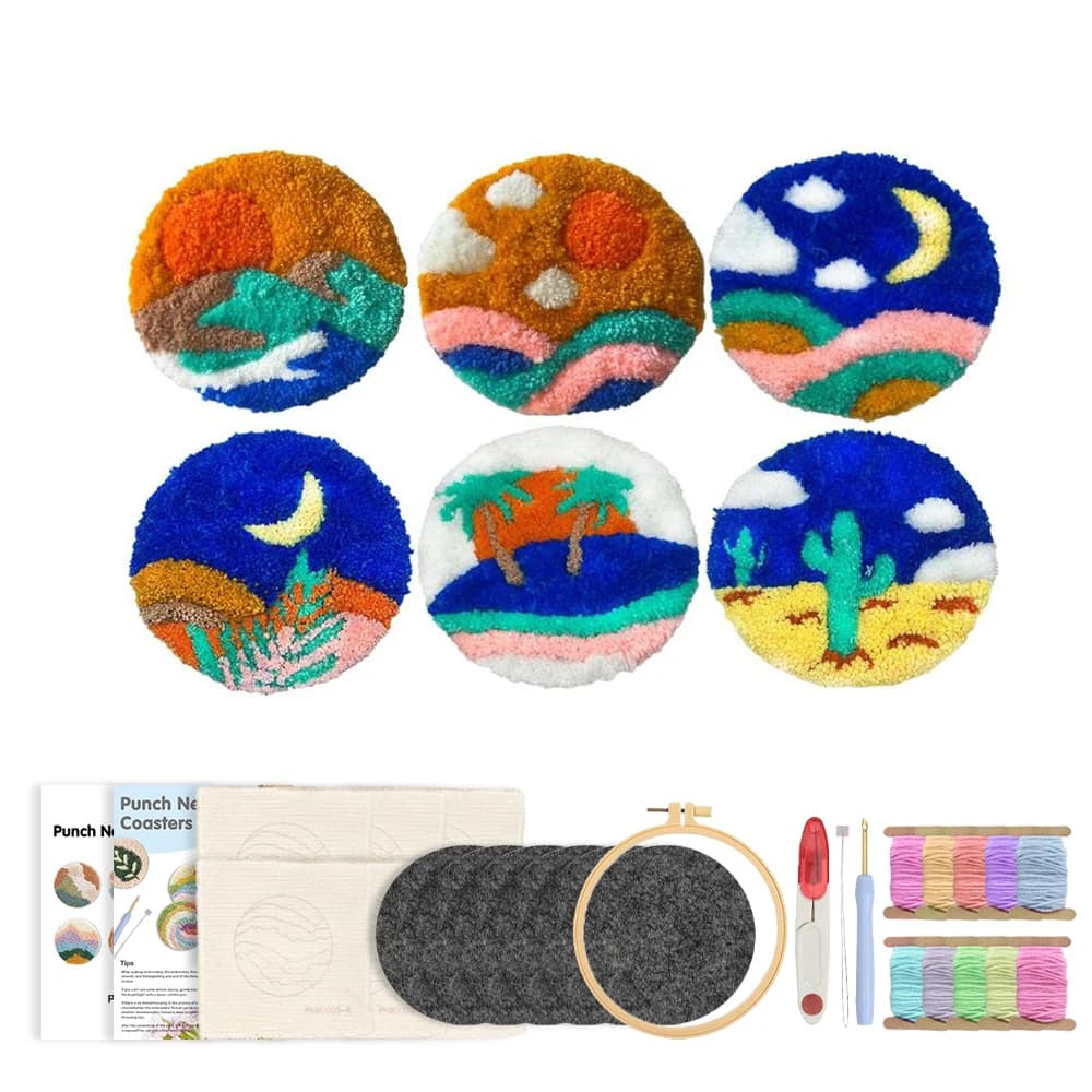 CHENISTORY 6pcs Punch Needle Coaster Embroidery Kit Kids Children Funny Easy DIY Craft Set For Beginner Home Decor Gift