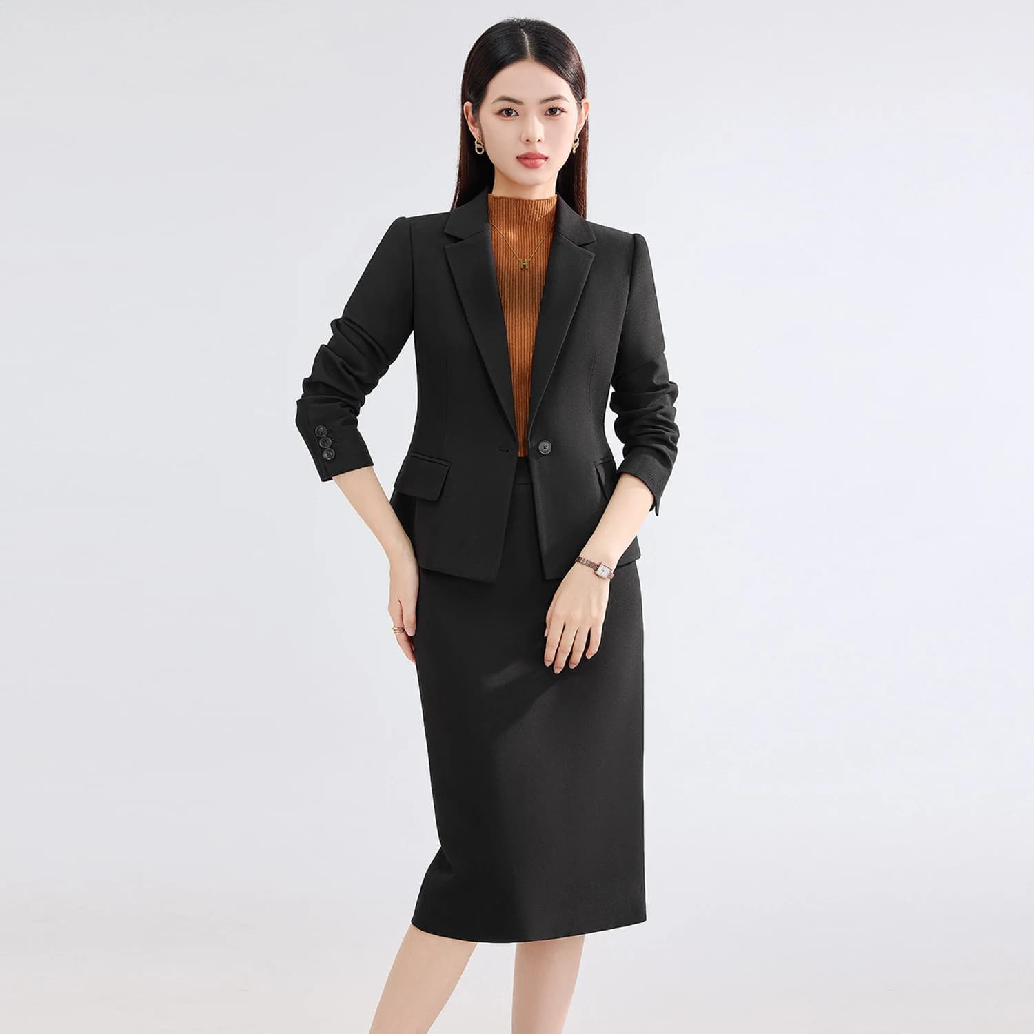 Completo gonna blu Allingentle da donna, 2 pezzi, blazer e gonna alla moda per outfit casual da ufficio, personalizzabile