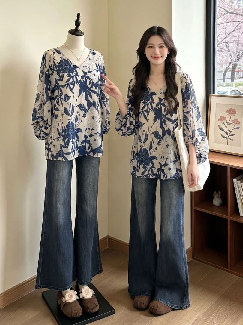 Blue Floral Print V-Neck Loose Fit Thin Shirt Women's Summer New Style plus Size Conceals Belly Fashionable Top Korean Style