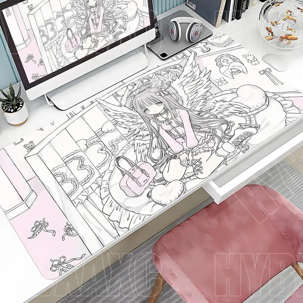 Anime Cute Angel Girls Mouse Pad 80x30 Bianco Laptop Gaming Desk Mat PC Kawaii Gamer Cabinet Mousepad 120x60 Tastiera Tappeto rosa