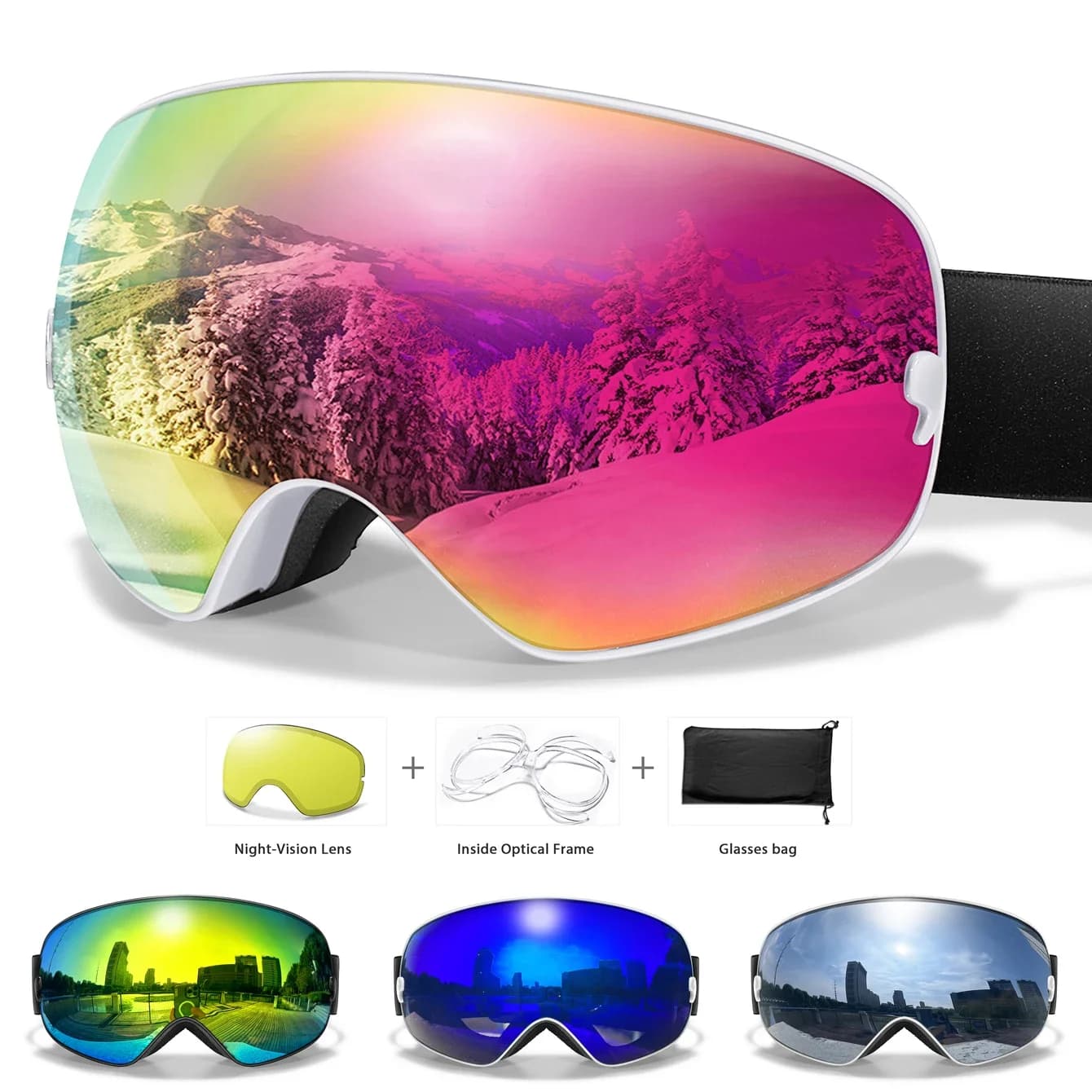 Occhiali da sci antiappannamento Occhiali da snowboard UV400 con lente per visone notturno Uomo Donna Adolescente Miglior regalo per Natale e Capodanno